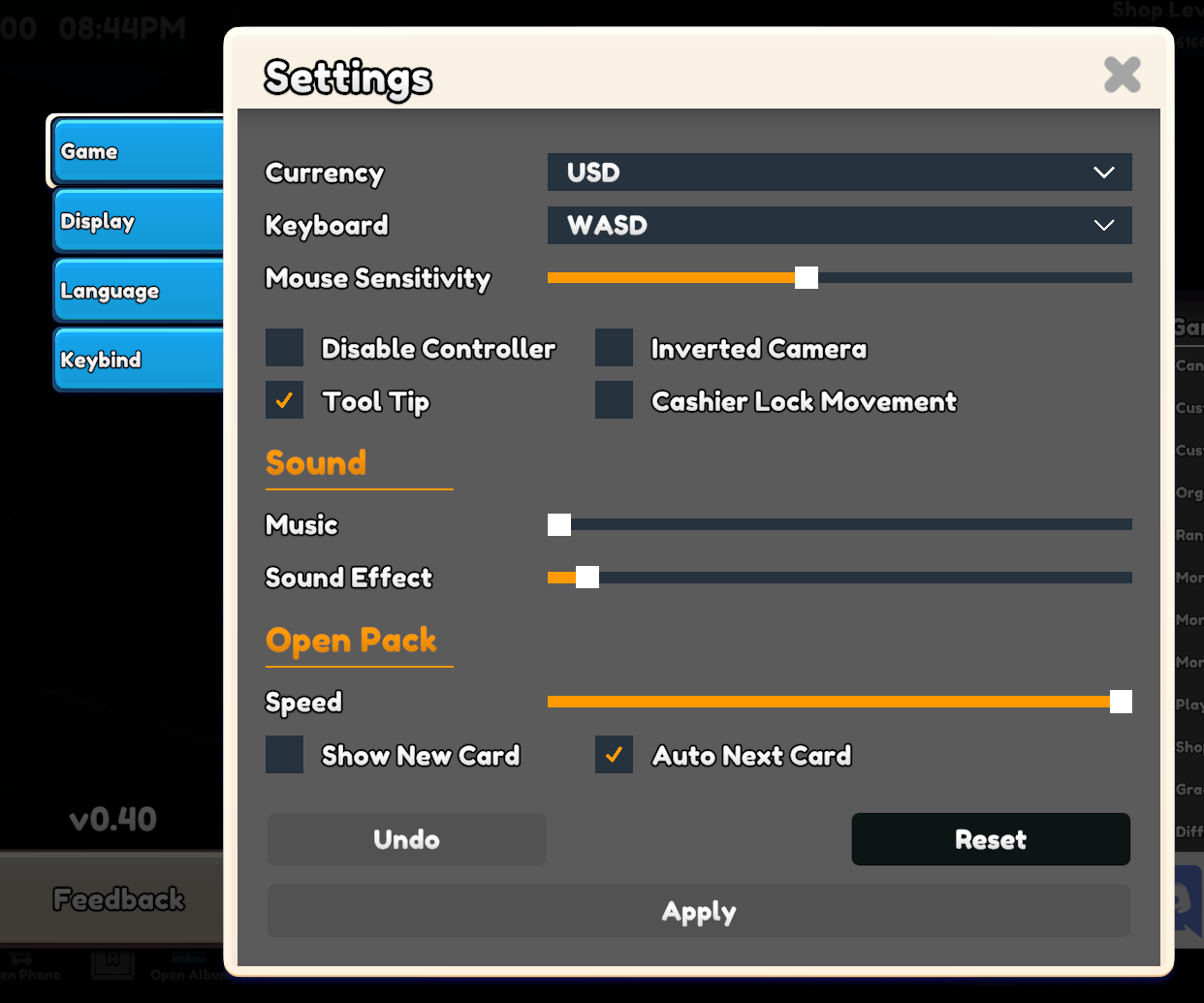 TCG Card Shop Simulator settings